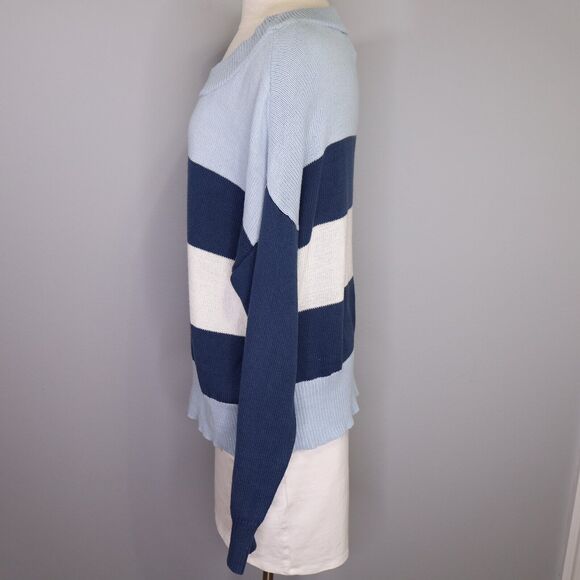 Lucky Brand Sweater Womens Large Blue White Stripe Cotton Colorblock Nautical - Picture 11 of 12